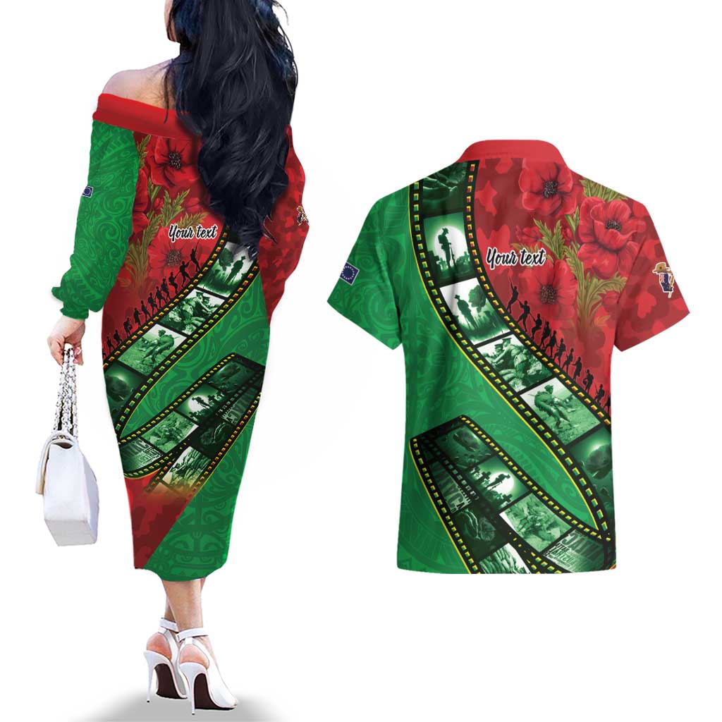 Personalised Cook Islands ANZAC 1915-2026 Filmstrip Couples Matching Off The Shoulder Long Sleeve Dress and Hawaiian Shirt Lest We Forget 25 April