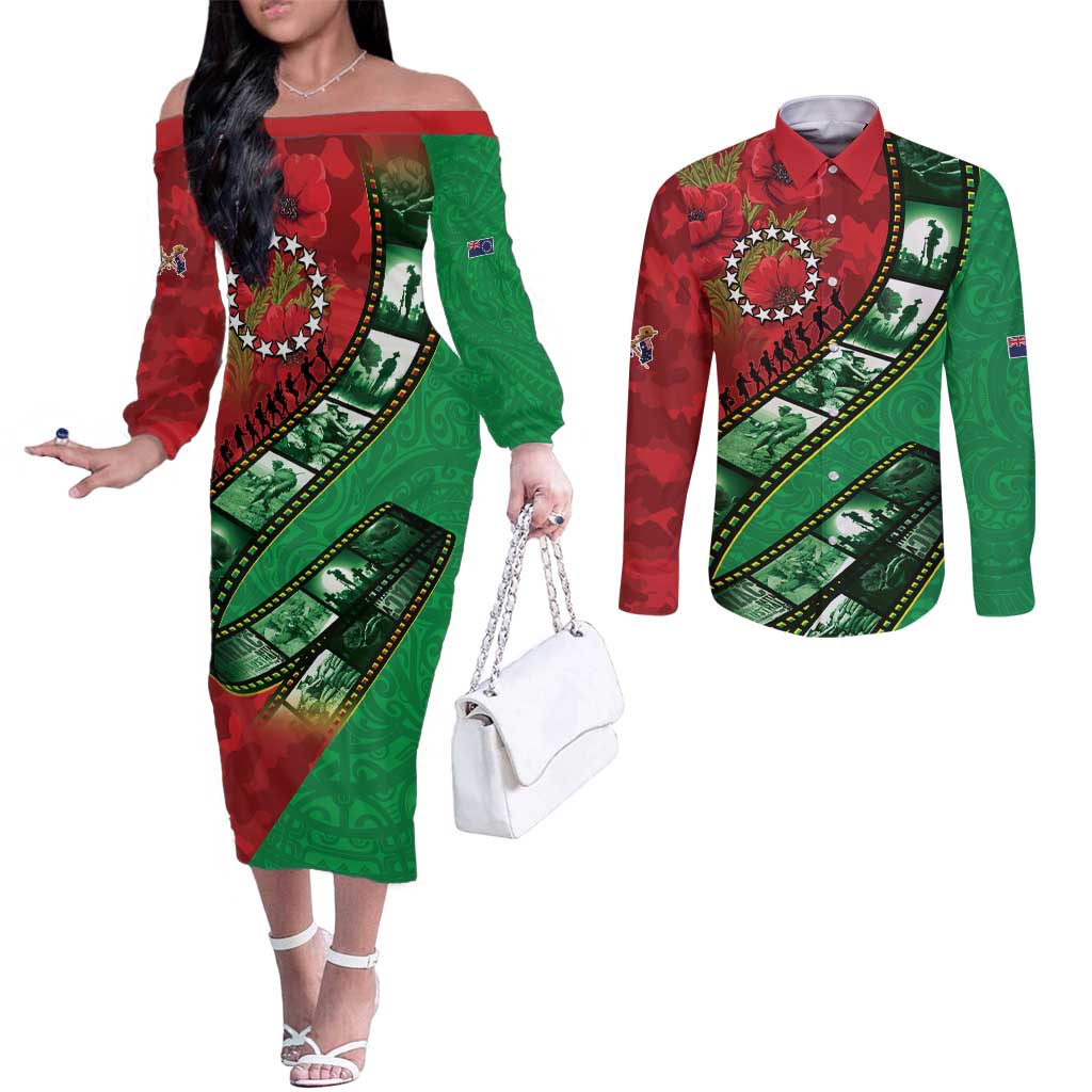Personalised Cook Islands ANZAC 1915-2026 Filmstrip Couples Matching Off The Shoulder Long Sleeve Dress and Long Sleeve Button Shirt Lest We Forget 25 April