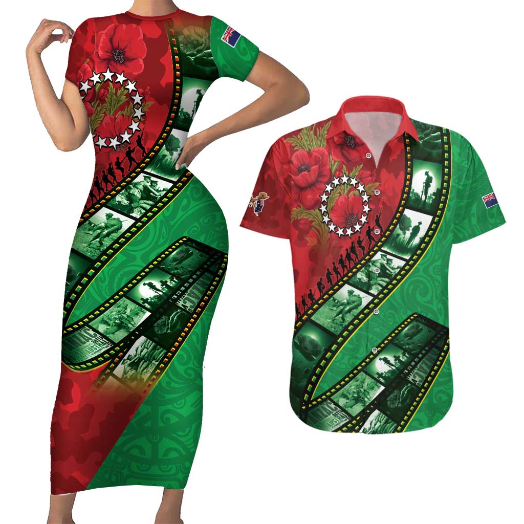 Personalised Cook Islands ANZAC 1915-2026 Filmstrip Couples Matching Short Sleeve Bodycon Dress and Hawaiian Shirt Lest We Forget 25 April