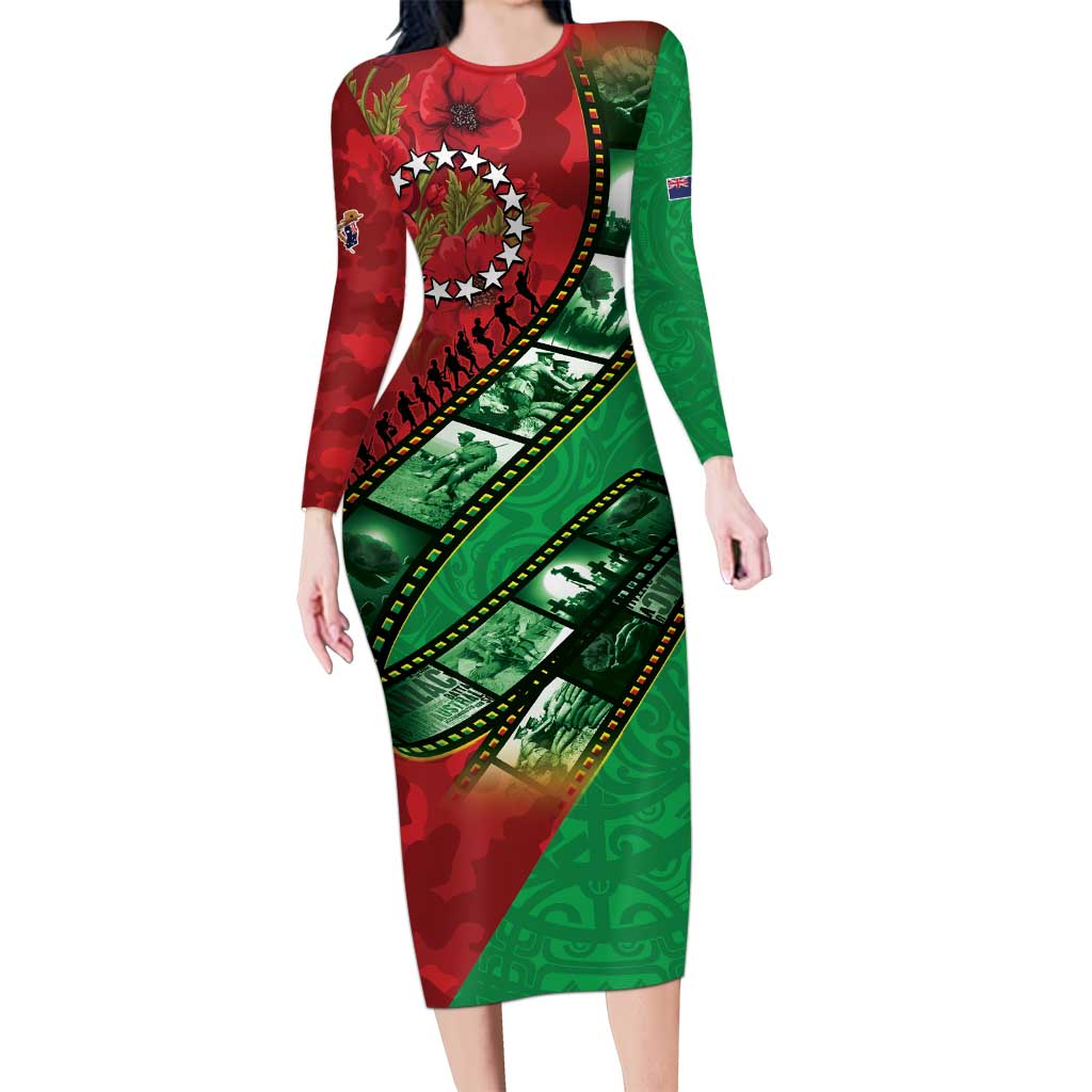 Personalised Cook Islands ANZAC 1915-2026 Filmstrip Long Sleeve Bodycon Dress Lest We Forget 25 April
