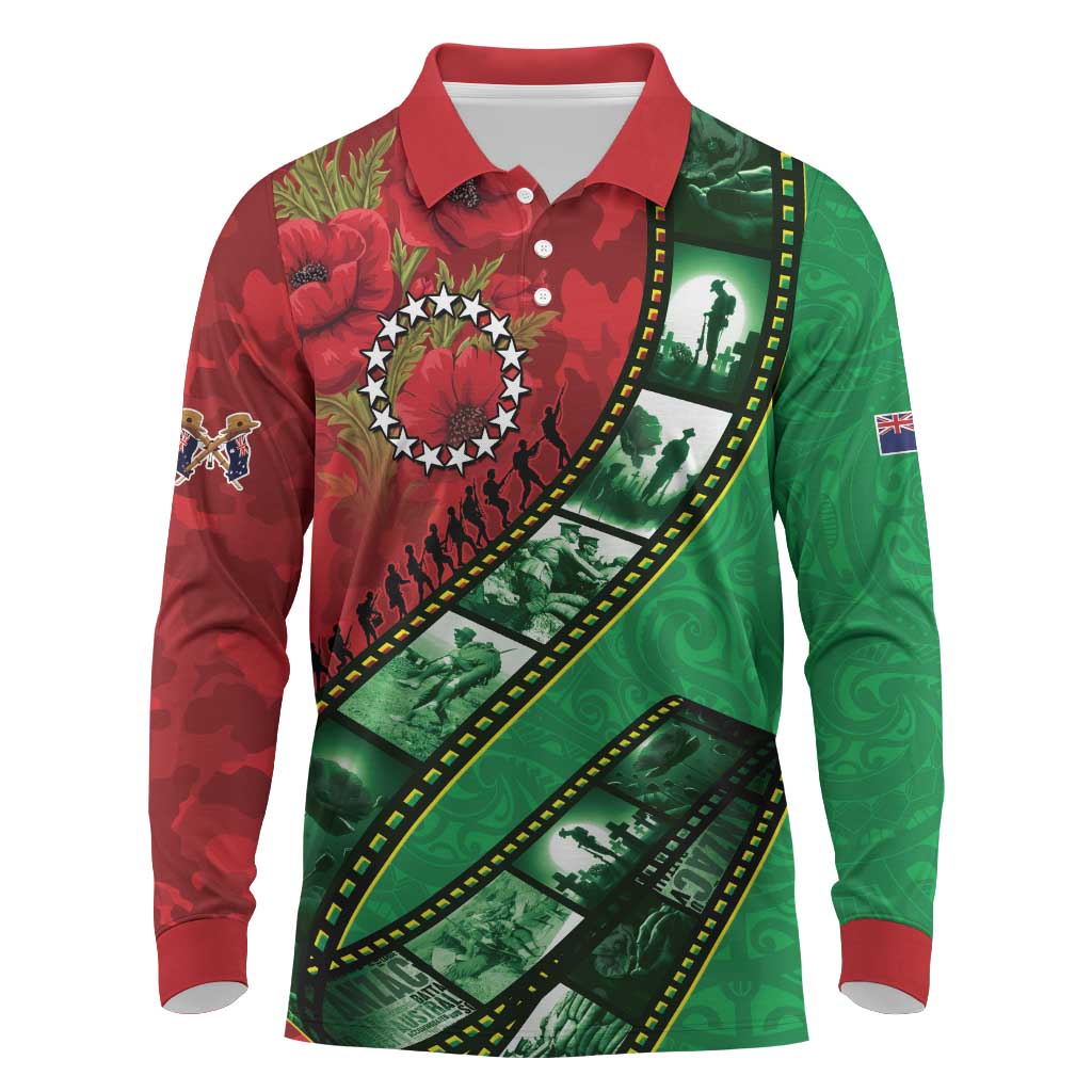 Personalised Cook Islands ANZAC 1915-2026 Filmstrip Long Sleeve Polo Shirt Lest We Forget 25 April LT9 Green - Polynesian Pride