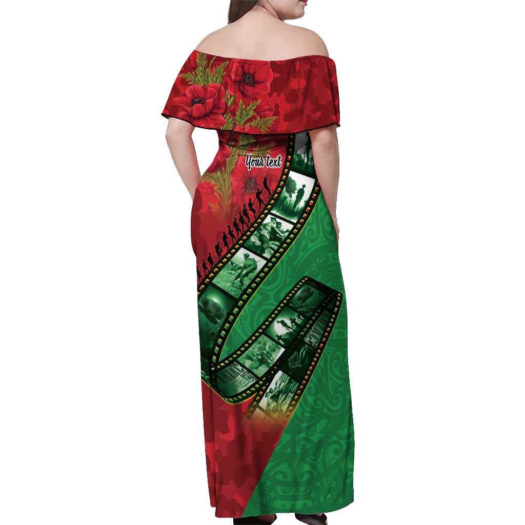Personalised Cook Islands ANZAC 1915-2026 Filmstrip Off Shoulder Maxi Dress Lest We Forget 25 April