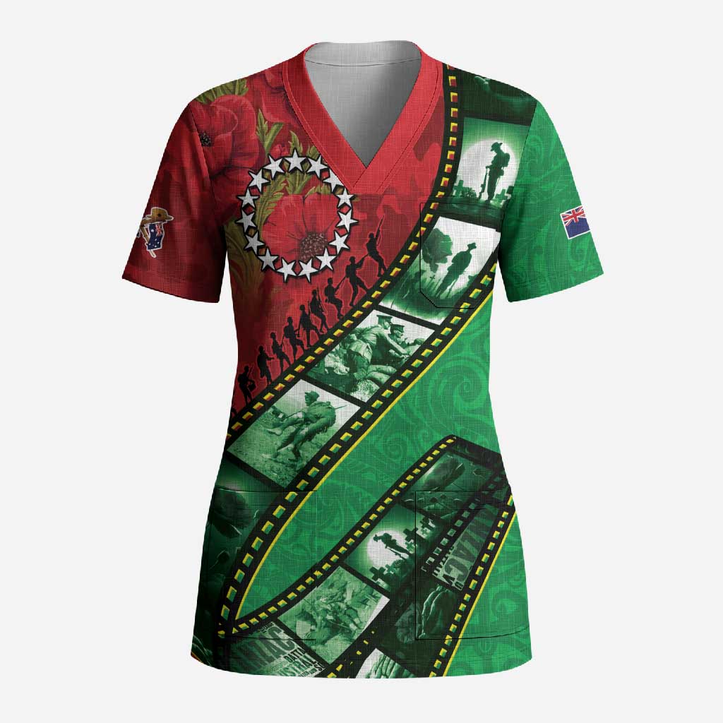 Personalised Cook Islands ANZAC 1915-2026 Filmstrip Scrub Top Lest We Forget 25 April