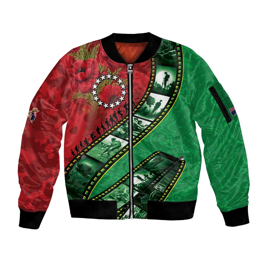 Personalised Cook Islands ANZAC 1915-2026 Filmstrip Sleeve Zip Bomber Jacket Lest We Forget 25 April