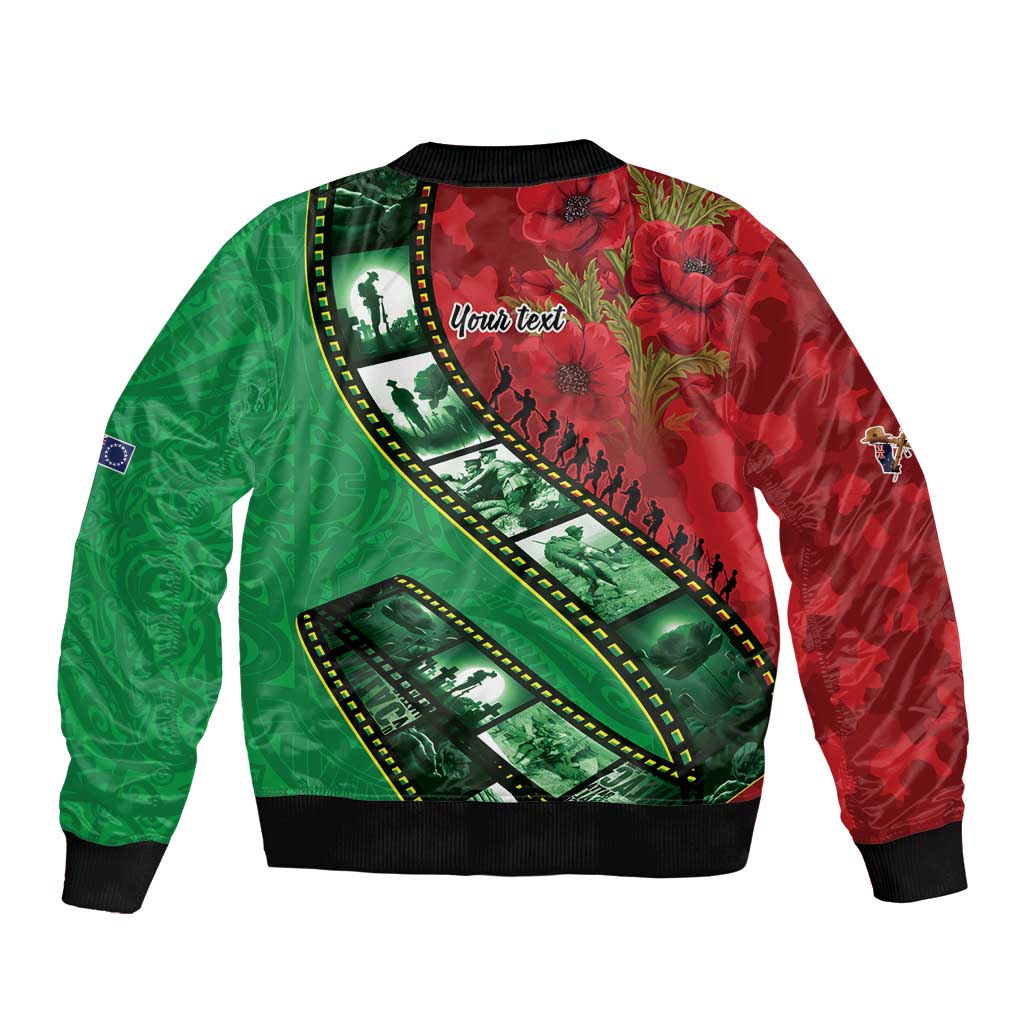 Personalised Cook Islands ANZAC 1915-2026 Filmstrip Sleeve Zip Bomber Jacket Lest We Forget 25 April