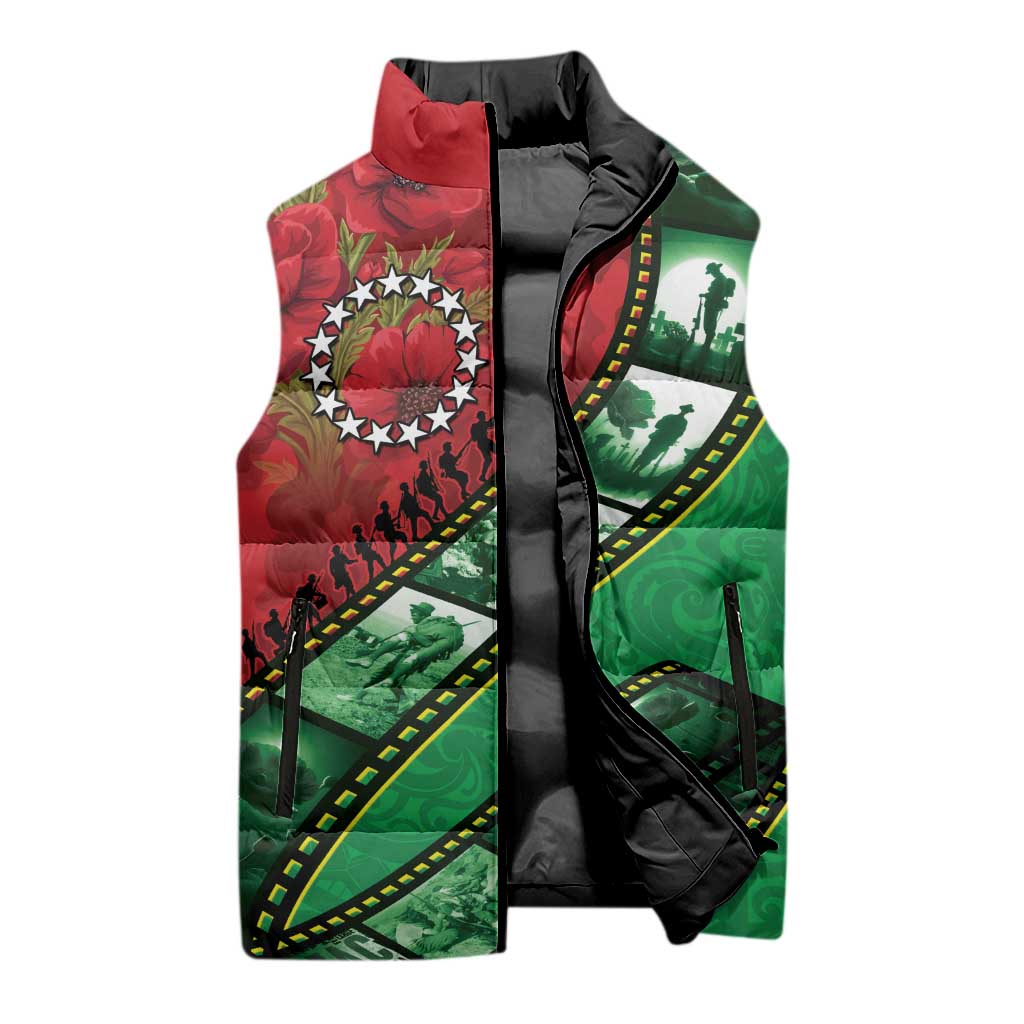Personalised Cook Islands ANZAC 1915-2026 Filmstrip Sleeveless Puffer Jacket Lest We Forget 25 April LT9 - Polynesian Pride