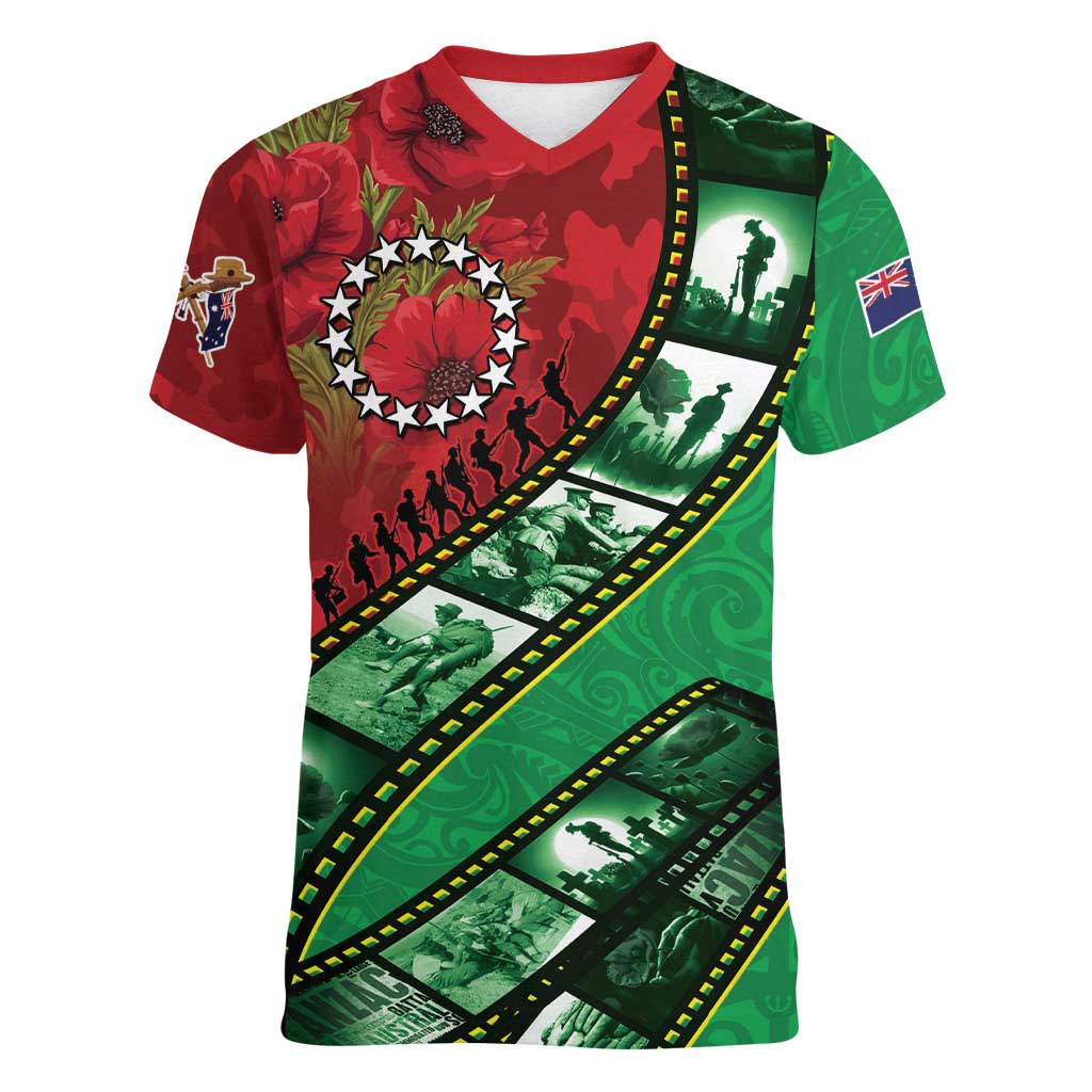 Personalised Cook Islands ANZAC 1915-2026 Filmstrip Women V-Neck T-Shirt Lest We Forget 25 April