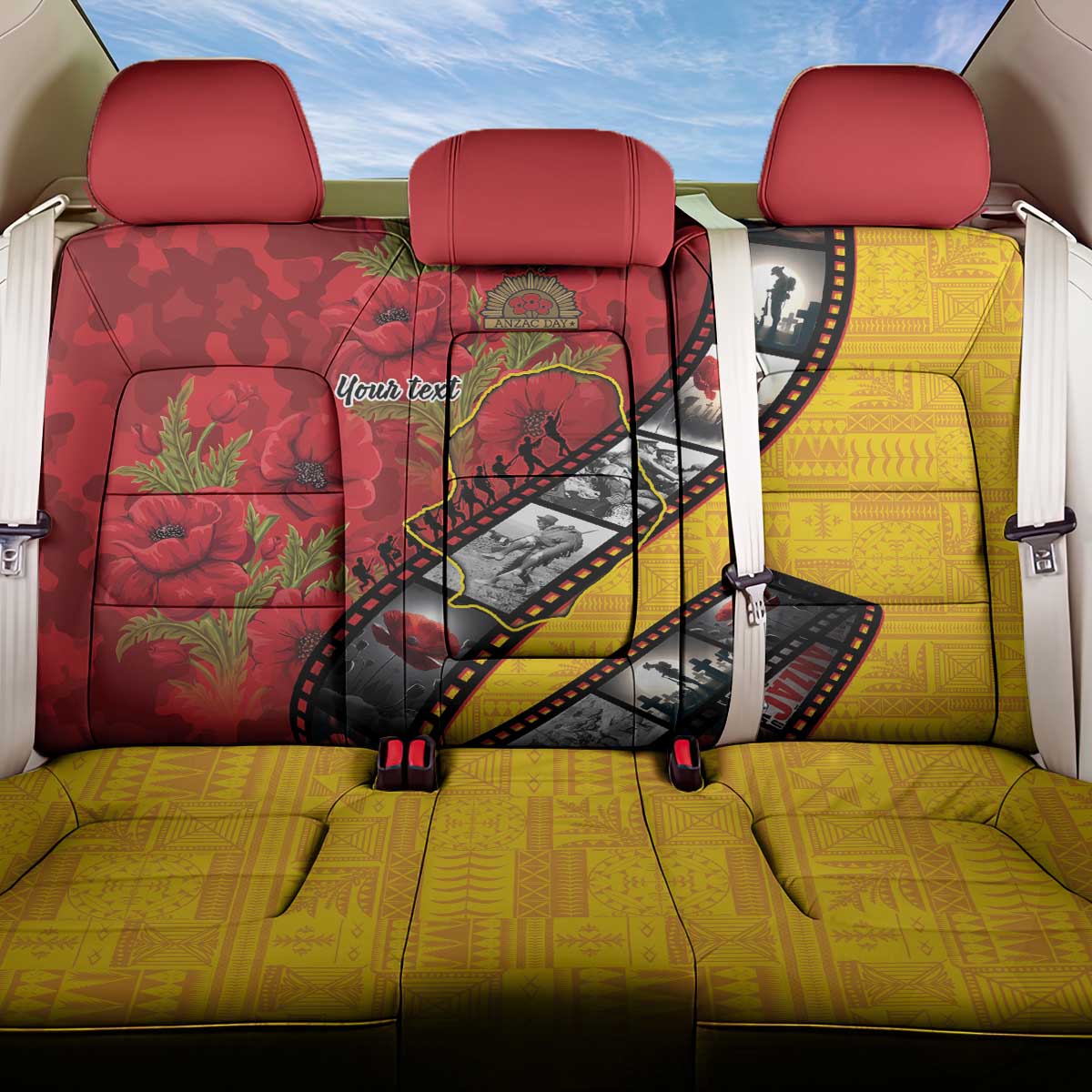 Personalised Niue ANZAC 1915-2026 Filmstrip Back Car Seat Cover Lest We Forget 25 April