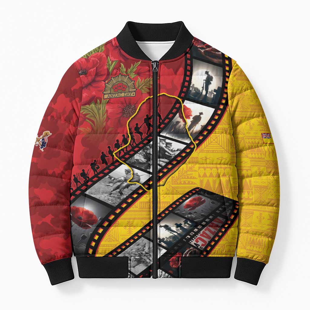 Personalised Niue ANZAC 1915-2026 Filmstrip Bomber Puffer Jacket Lest We Forget 25 April