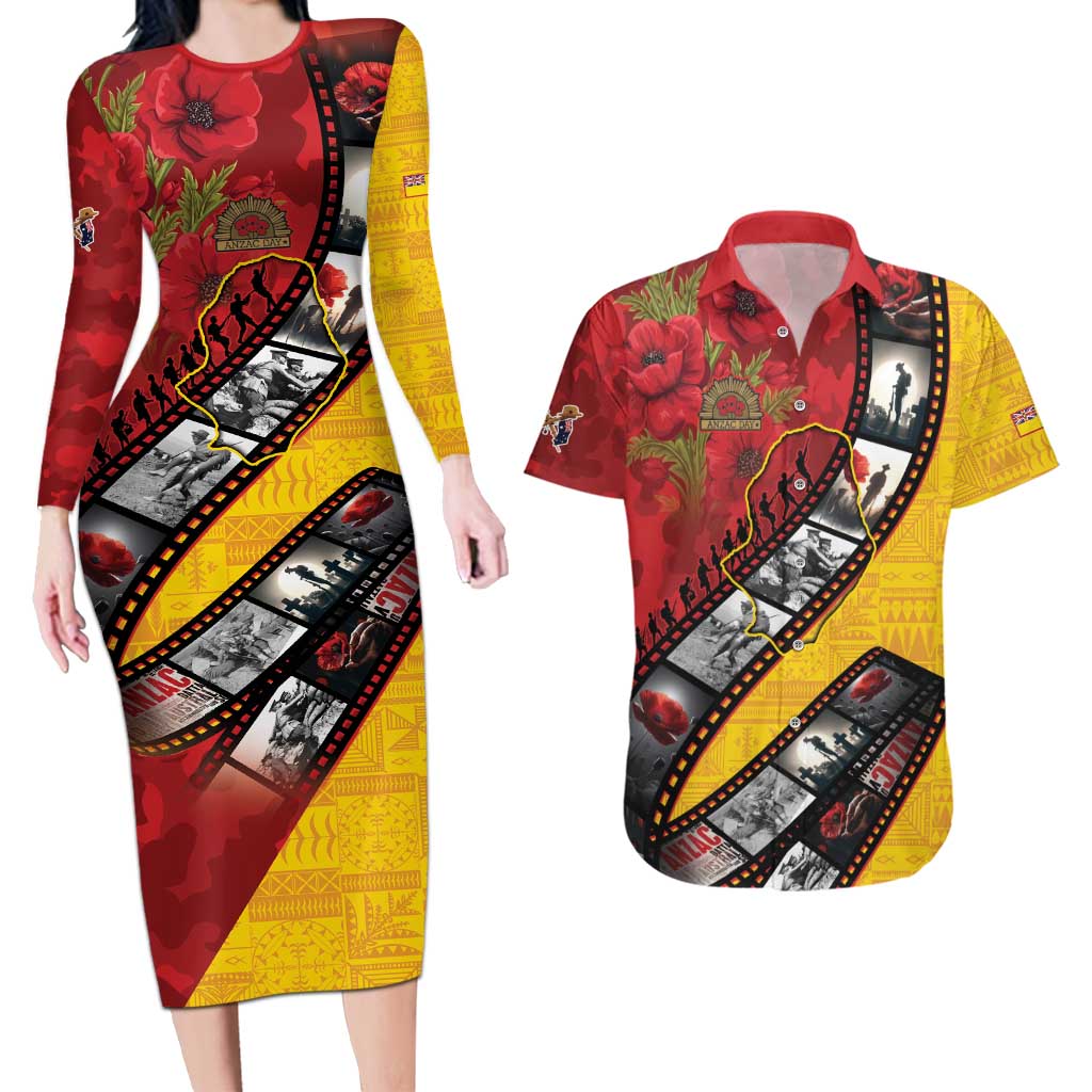 Personalised Niue ANZAC 1915-2026 Filmstrip Couples Matching Long Sleeve Bodycon Dress and Hawaiian Shirt Lest We Forget 25 April
