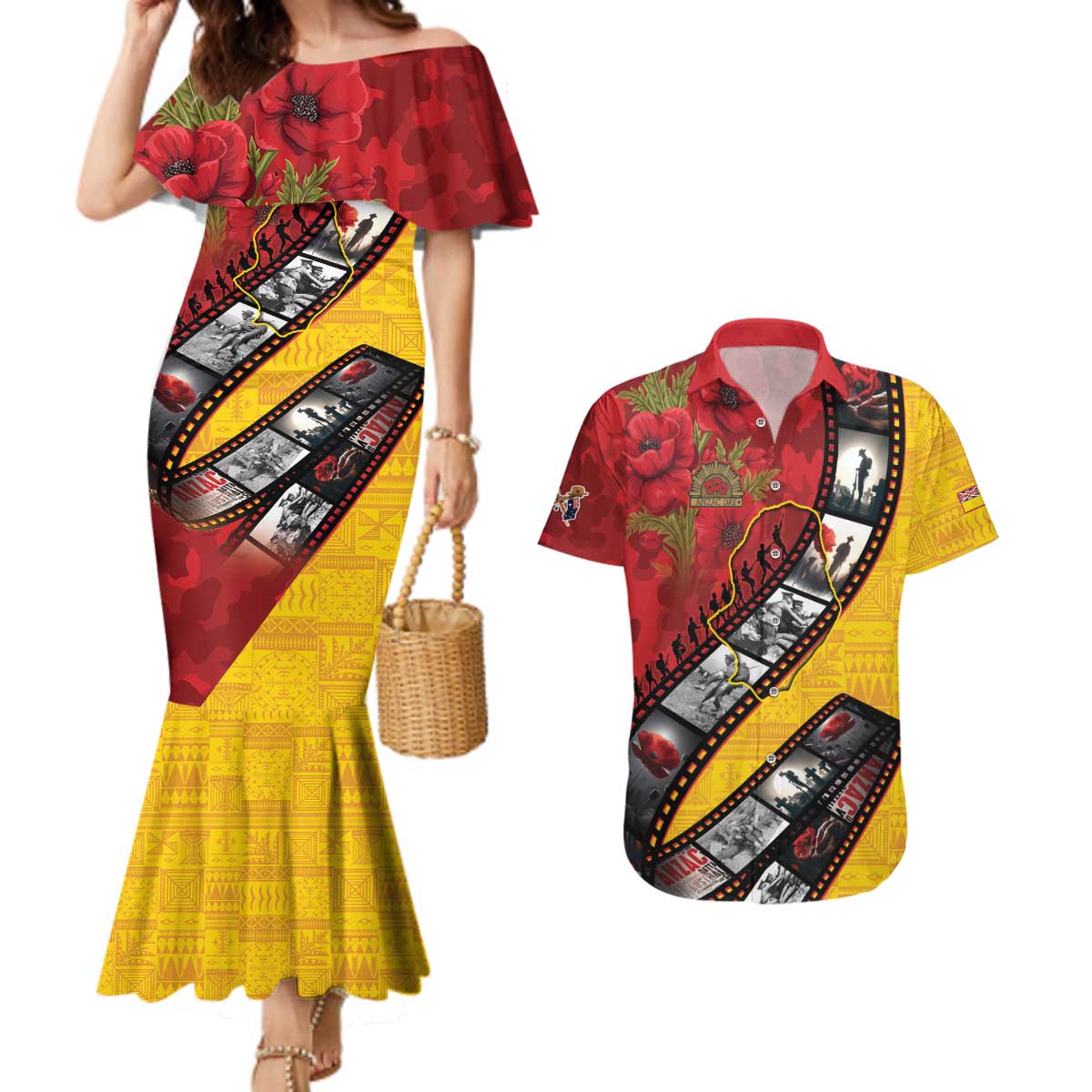 Personalised Niue ANZAC 1915-2026 Filmstrip Couples Matching Mermaid Dress and Hawaiian Shirt Lest We Forget 25 April