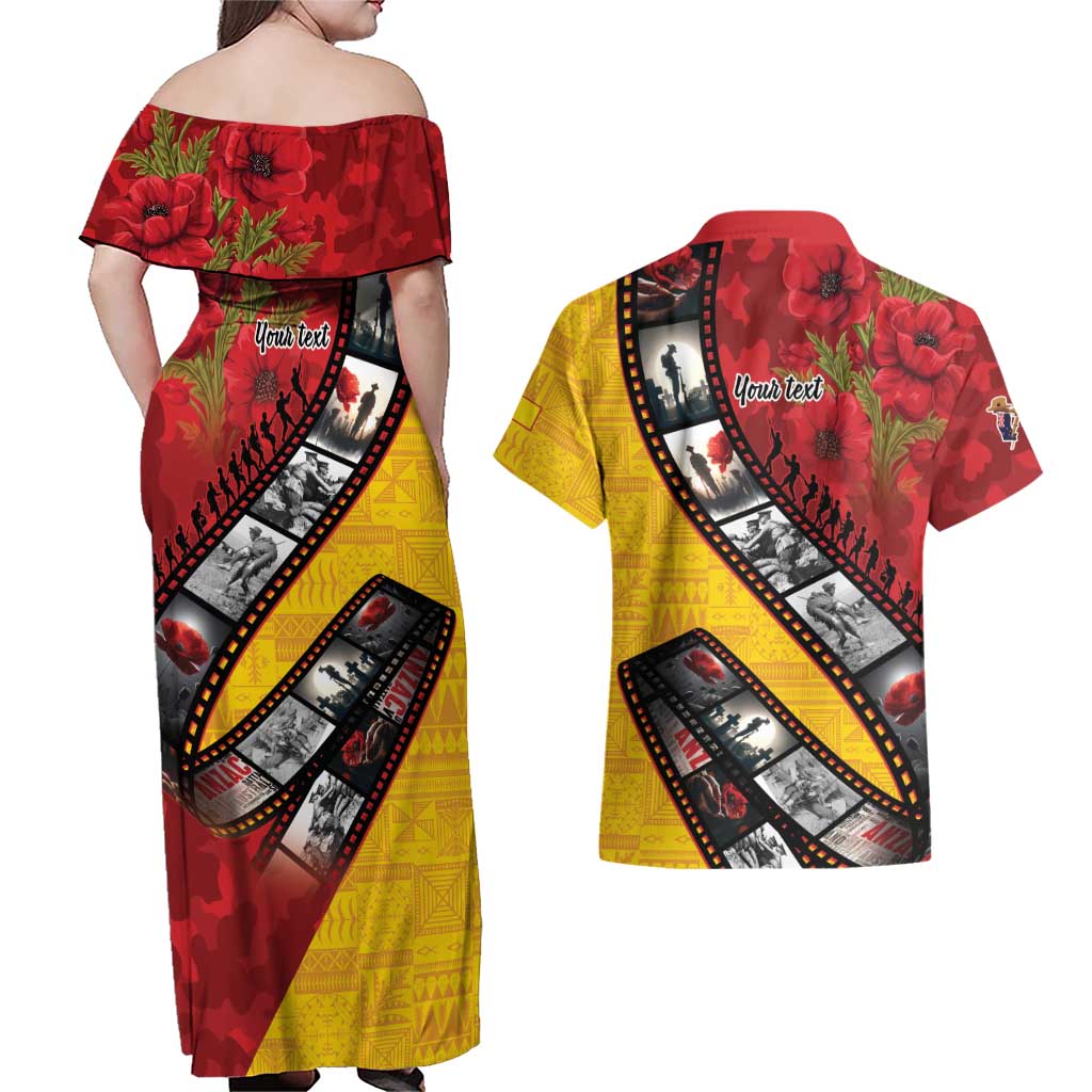 Personalised Niue ANZAC 1915-2026 Filmstrip Couples Matching Off Shoulder Maxi Dress and Hawaiian Shirt Lest We Forget 25 April