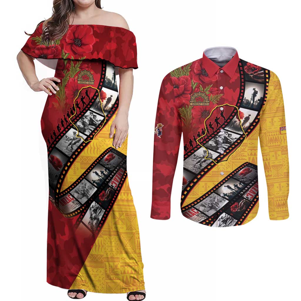 Personalised Niue ANZAC 1915-2026 Filmstrip Couples Matching Off Shoulder Maxi Dress and Long Sleeve Button Shirt Lest We Forget 25 April