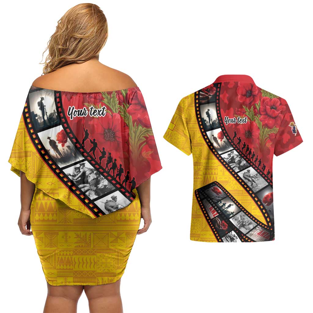 Personalised Niue ANZAC 1915-2026 Filmstrip Couples Matching Off Shoulder Short Dress and Hawaiian Shirt Lest We Forget 25 April