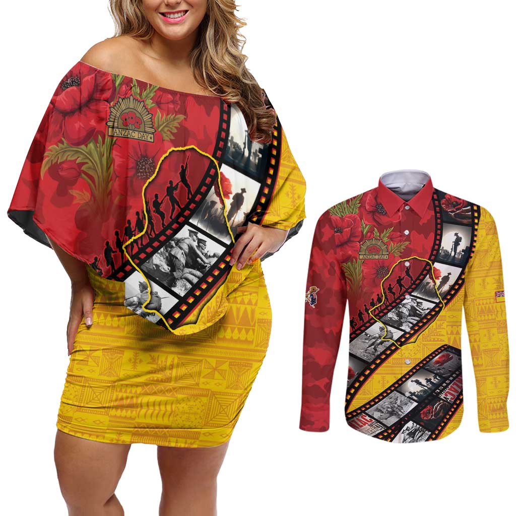 Personalised Niue ANZAC 1915-2026 Filmstrip Couples Matching Off Shoulder Short Dress and Long Sleeve Button Shirt Lest We Forget 25 April