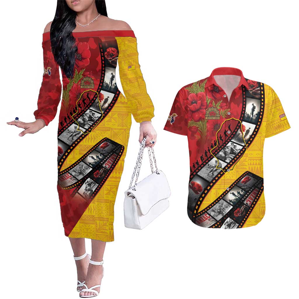 Personalised Niue ANZAC 1915-2026 Filmstrip Couples Matching Off The Shoulder Long Sleeve Dress and Hawaiian Shirt Lest We Forget 25 April