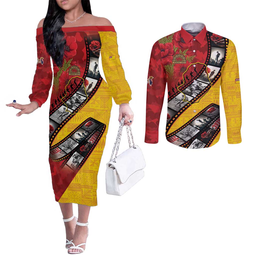 Personalised Niue ANZAC 1915-2026 Filmstrip Couples Matching Off The Shoulder Long Sleeve Dress and Long Sleeve Button Shirt Lest We Forget 25 April