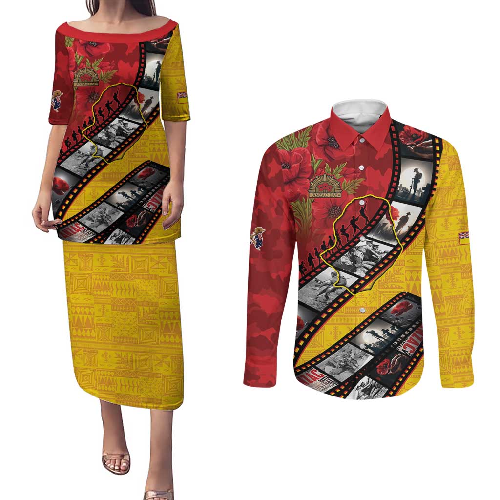 Personalised Niue ANZAC 1915-2026 Filmstrip Couples Matching Puletasi and Long Sleeve Button Shirt Lest We Forget 25 April