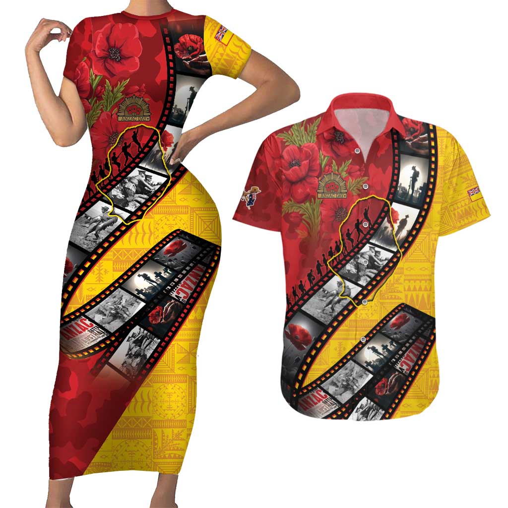 Personalised Niue ANZAC 1915-2026 Filmstrip Couples Matching Short Sleeve Bodycon Dress and Hawaiian Shirt Lest We Forget 25 April