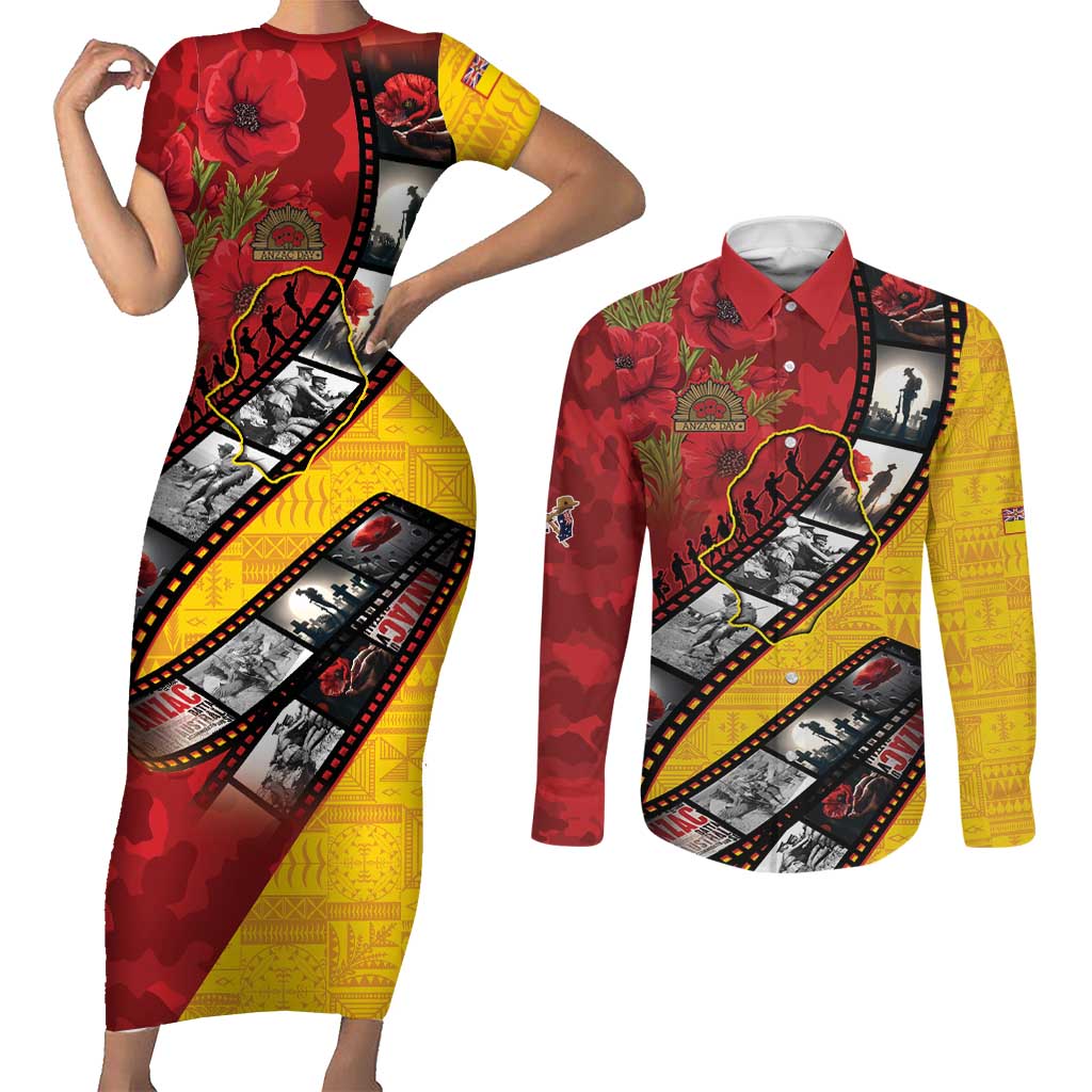 Personalised Niue ANZAC 1915-2026 Filmstrip Couples Matching Short Sleeve Bodycon Dress and Long Sleeve Button Shirt Lest We Forget 25 April