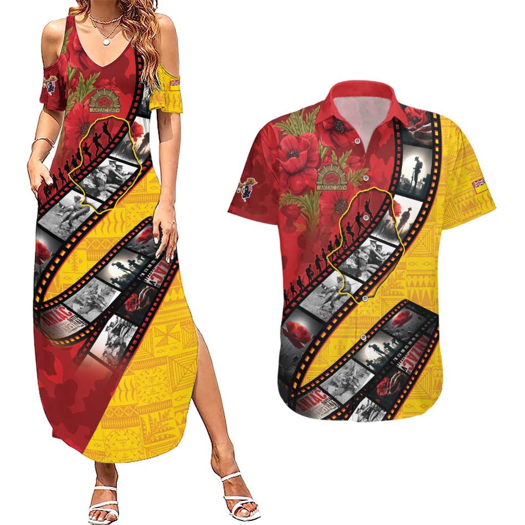 Personalised Niue ANZAC 1915-2026 Filmstrip Couples Matching Summer Maxi Dress and Hawaiian Shirt Lest We Forget 25 April
