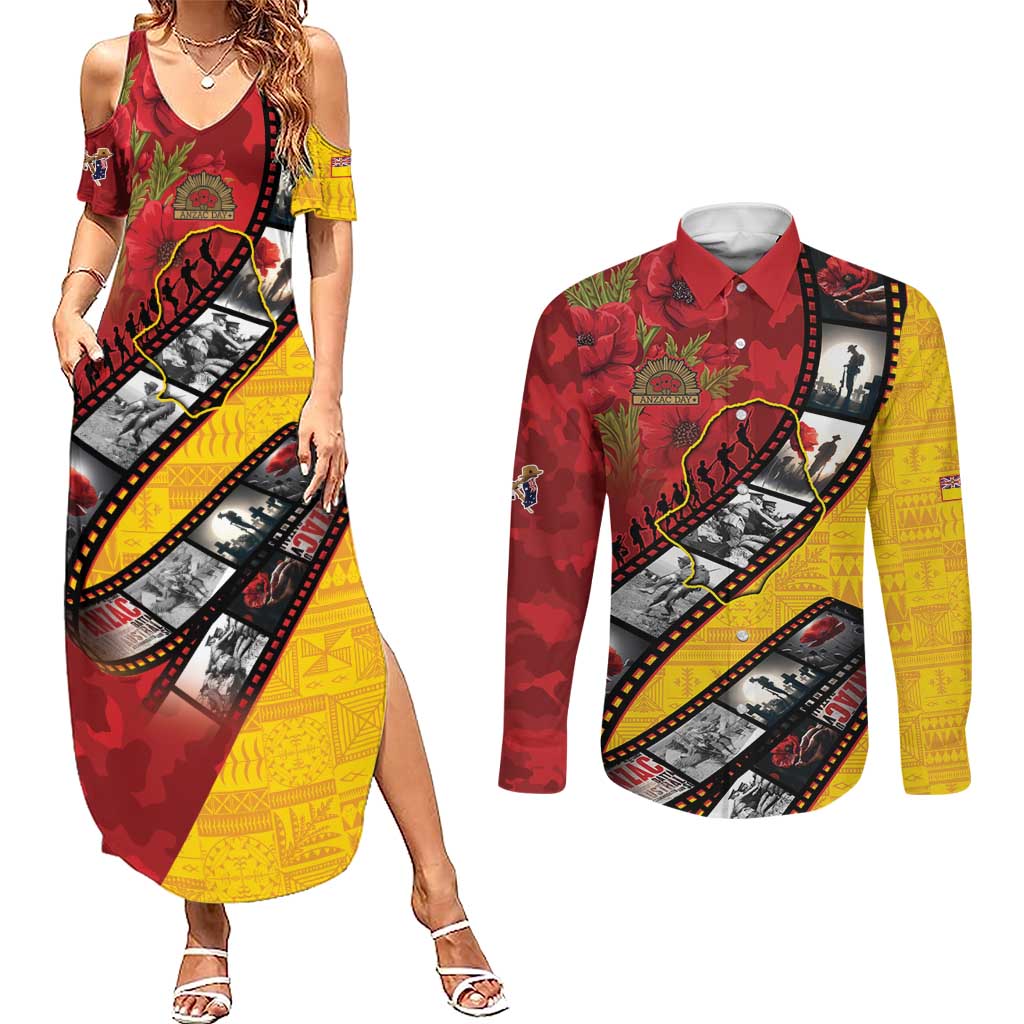 Personalised Niue ANZAC 1915-2026 Filmstrip Couples Matching Summer Maxi Dress and Long Sleeve Button Shirt Lest We Forget 25 April
