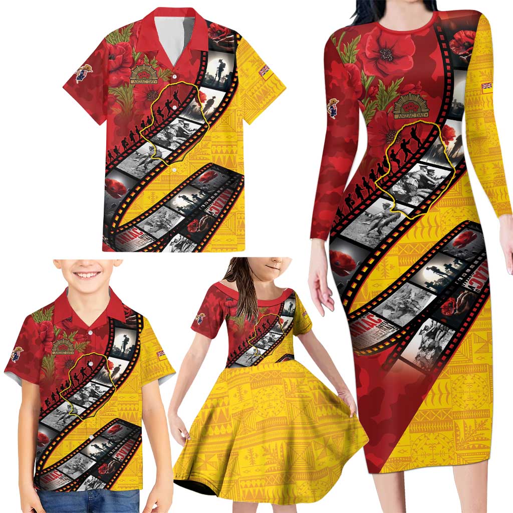 Personalised Niue ANZAC 1915-2026 Filmstrip Family Matching Long Sleeve Bodycon Dress and Hawaiian Shirt Lest We Forget 25 April