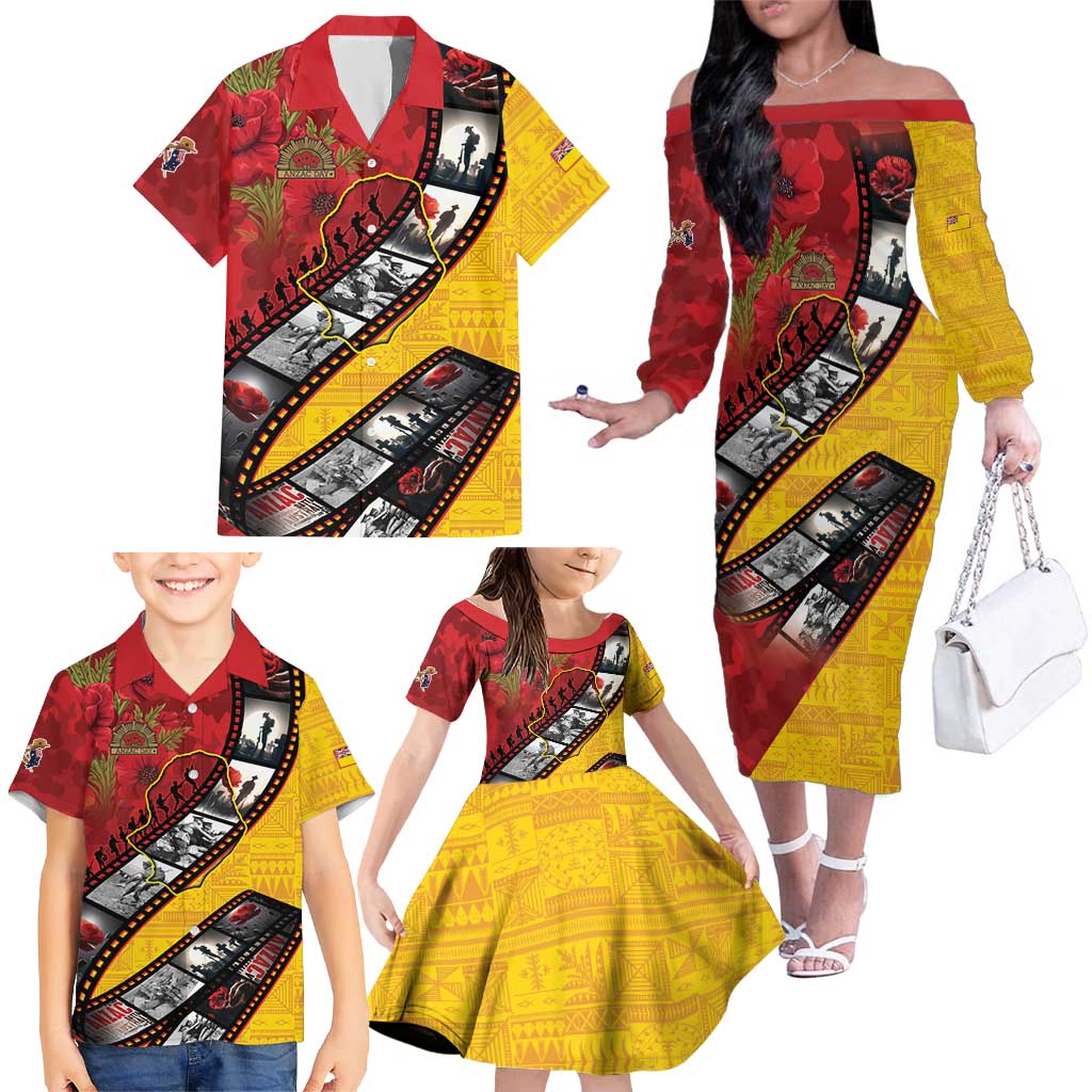 Personalised Niue ANZAC 1915-2026 Filmstrip Family Matching Off The Shoulder Long Sleeve Dress and Hawaiian Shirt Lest We Forget 25 April