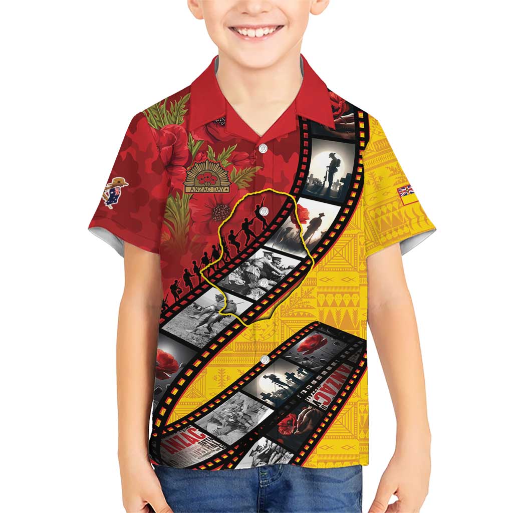 Personalised Niue ANZAC 1915-2026 Filmstrip Family Matching Off The Shoulder Long Sleeve Dress and Hawaiian Shirt Lest We Forget 25 April LT9 Son's Shirt Gold - Polynesian Pride