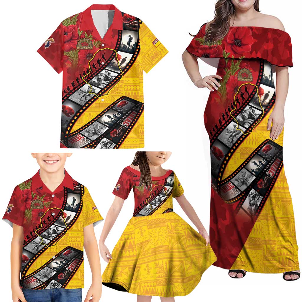 Personalised Niue ANZAC 1915-2026 Filmstrip Family Matching Off Shoulder Maxi Dress and Hawaiian Shirt Lest We Forget 25 April
