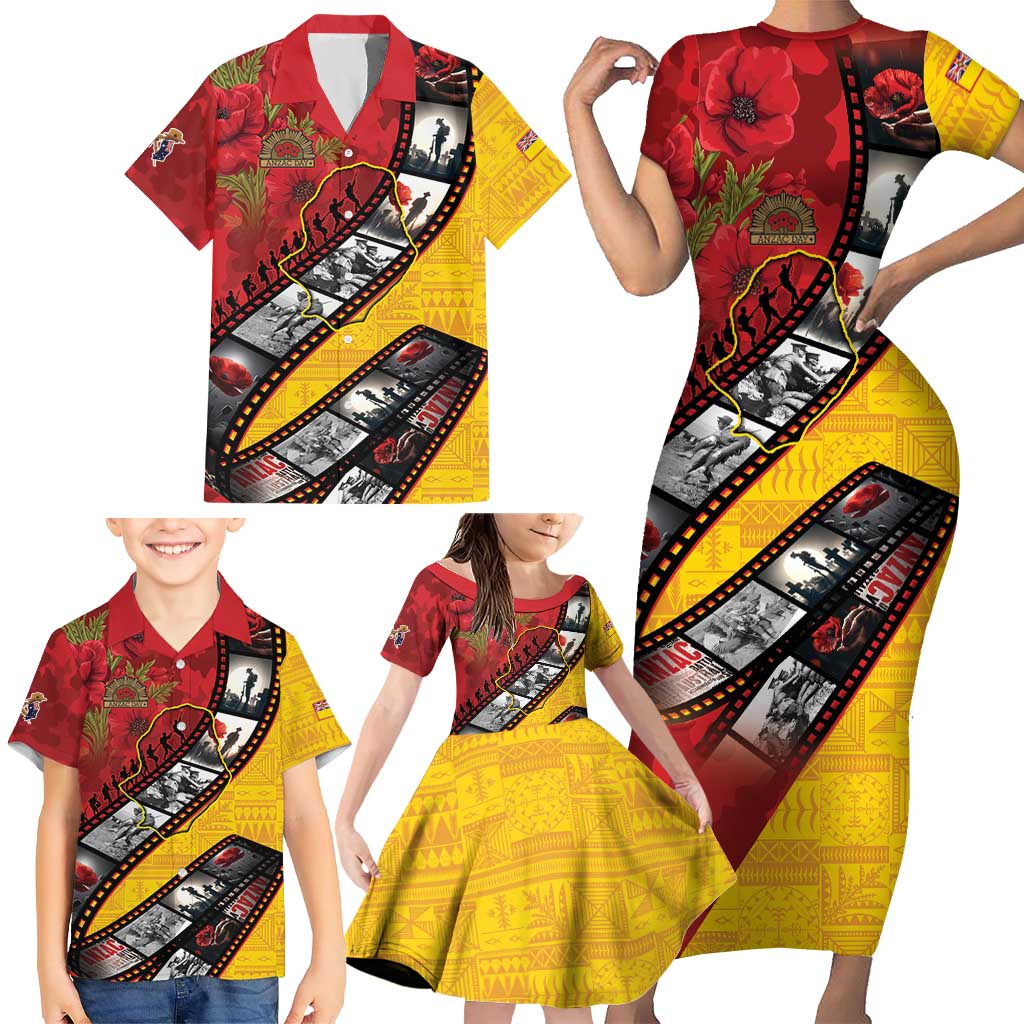 Personalised Niue ANZAC 1915-2026 Filmstrip Family Matching Short Sleeve Bodycon Dress and Hawaiian Shirt Lest We Forget 25 April