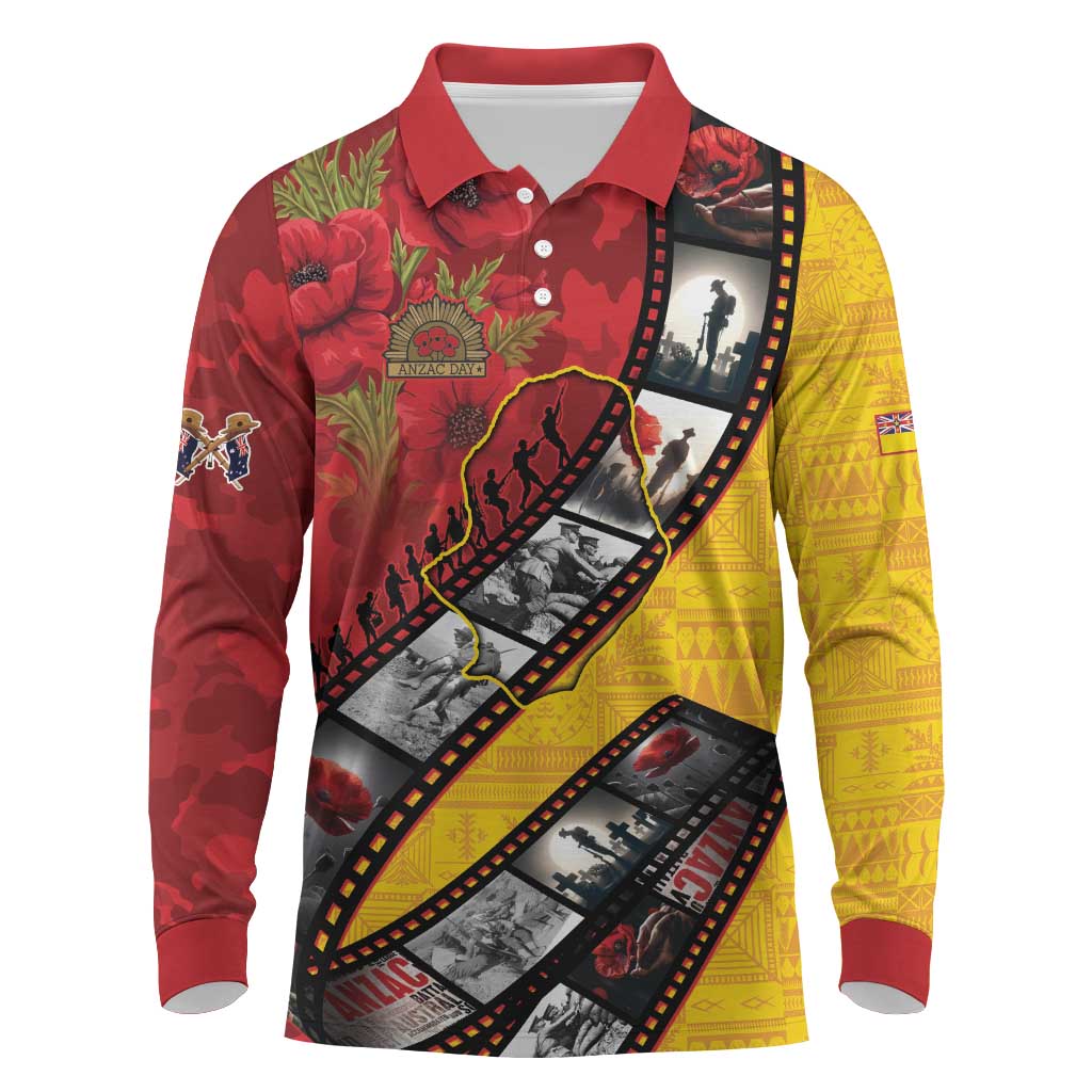 Personalised Niue ANZAC 1915-2026 Filmstrip Long Sleeve Polo Shirt Lest We Forget 25 April