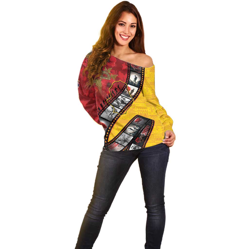 Personalised Niue ANZAC 1915-2026 Filmstrip Off Shoulder Sweater Lest We Forget 25 April