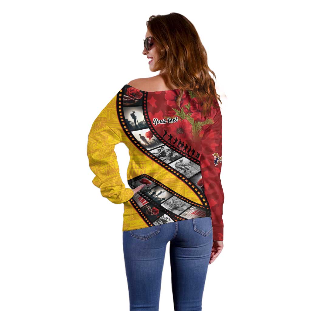 Personalised Niue ANZAC 1915-2026 Filmstrip Off Shoulder Sweater Lest We Forget 25 April