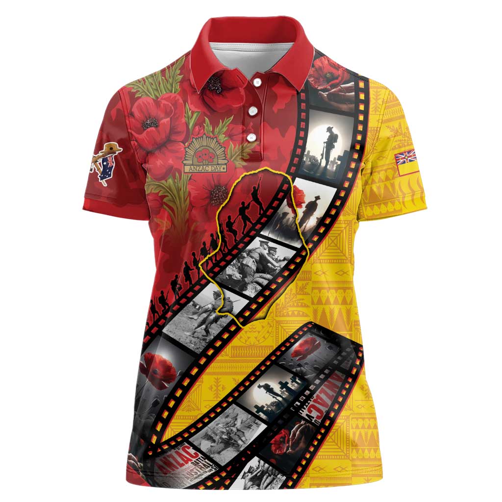 Personalised Niue ANZAC 1915-2026 Filmstrip Women Polo Shirt Lest We Forget 25 April