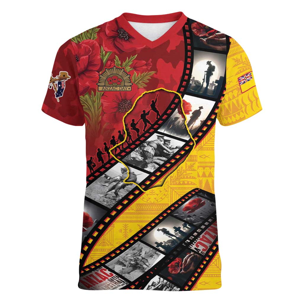 Personalised Niue ANZAC 1915-2026 Filmstrip Women V-Neck T-Shirt Lest We Forget 25 April