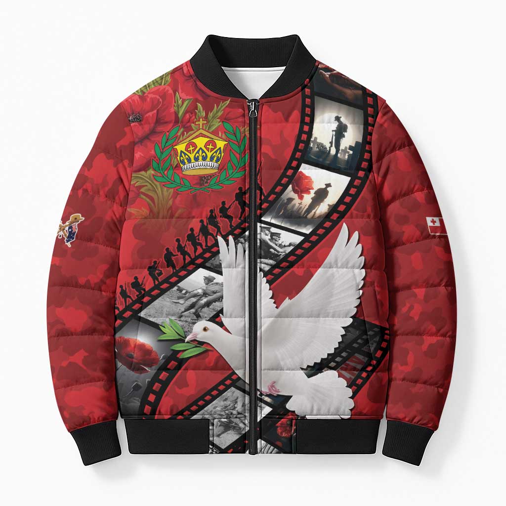 Personalised Tonga ANZAC 1915-2026 Filmstrip Bomber Puffer Jacket Lest We Forget 25 April
