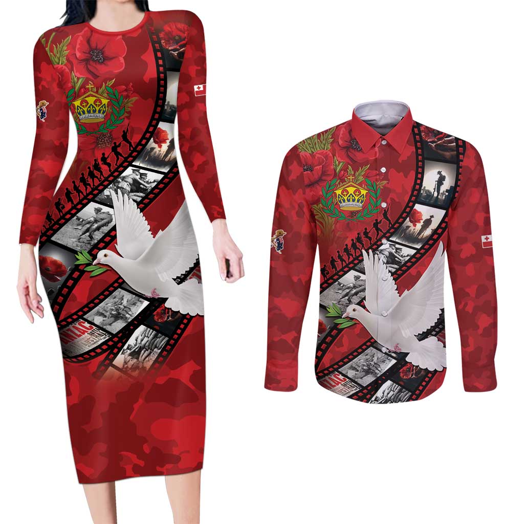 Personalised Tonga ANZAC 1915-2026 Filmstrip Couples Matching Long Sleeve Bodycon Dress and Long Sleeve Button Shirt Lest We Forget 25 April