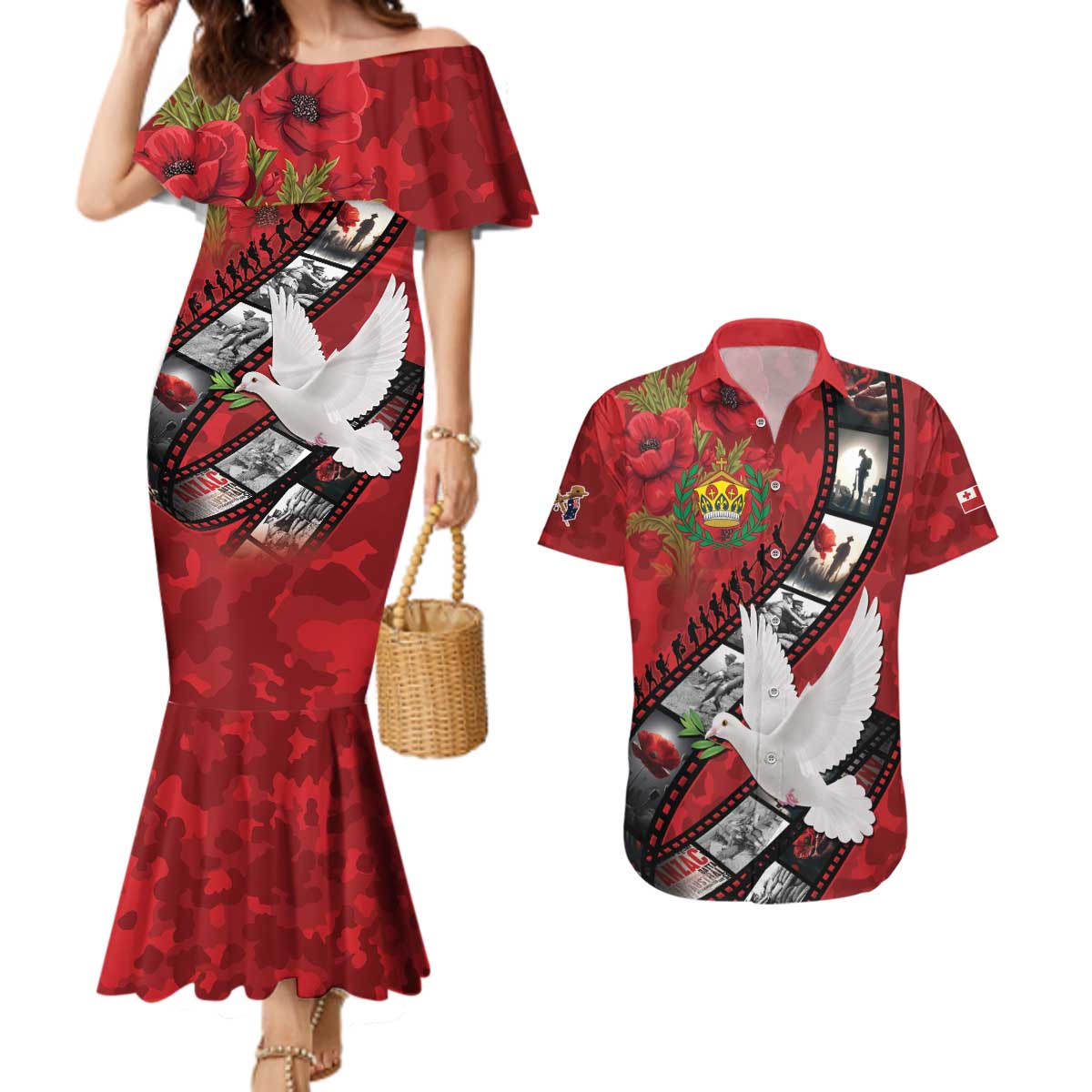 Personalised Tonga ANZAC 1915-2026 Filmstrip Couples Matching Mermaid Dress and Hawaiian Shirt Lest We Forget 25 April