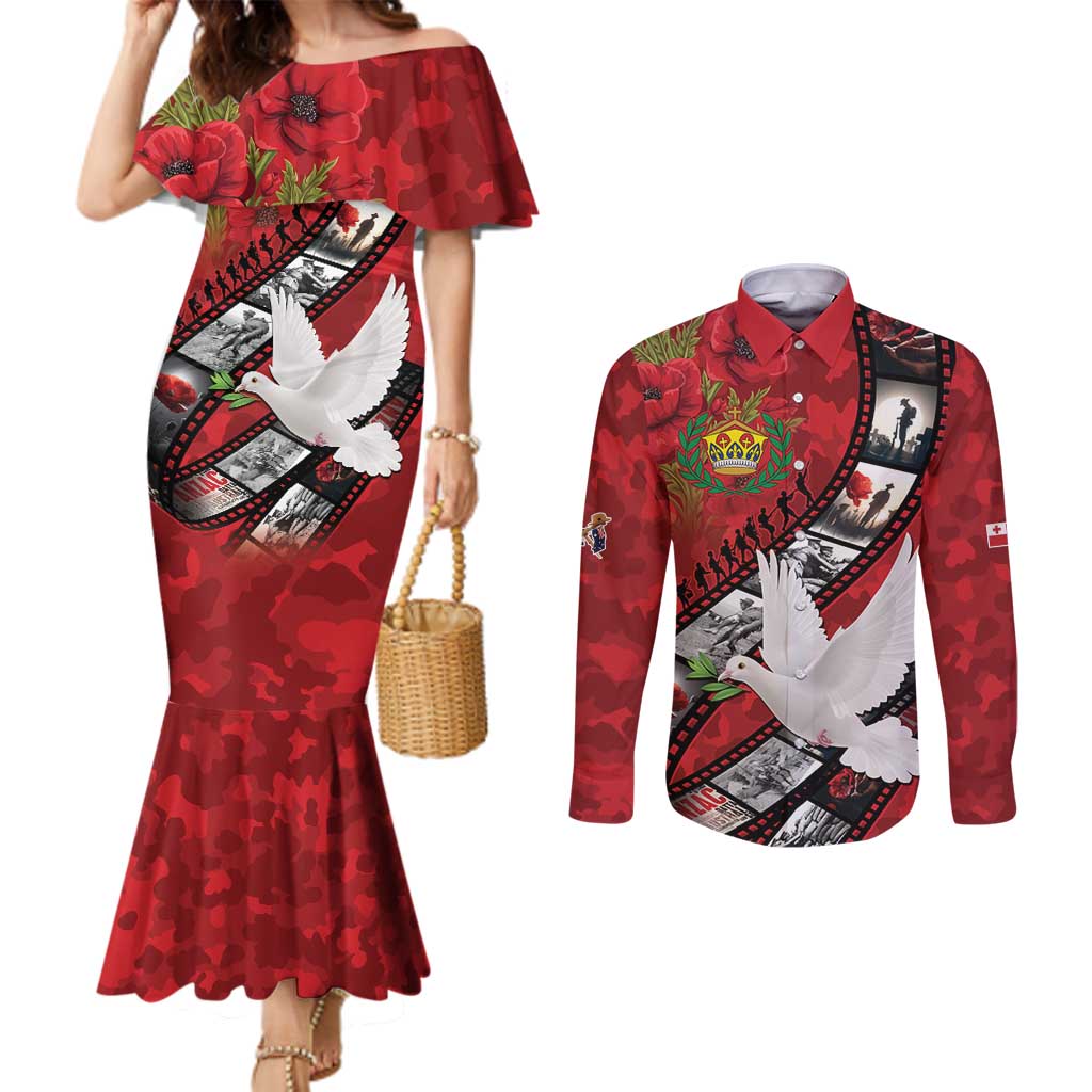 Personalised Tonga ANZAC 1915-2026 Filmstrip Couples Matching Mermaid Dress and Long Sleeve Button Shirt Lest We Forget 25 April