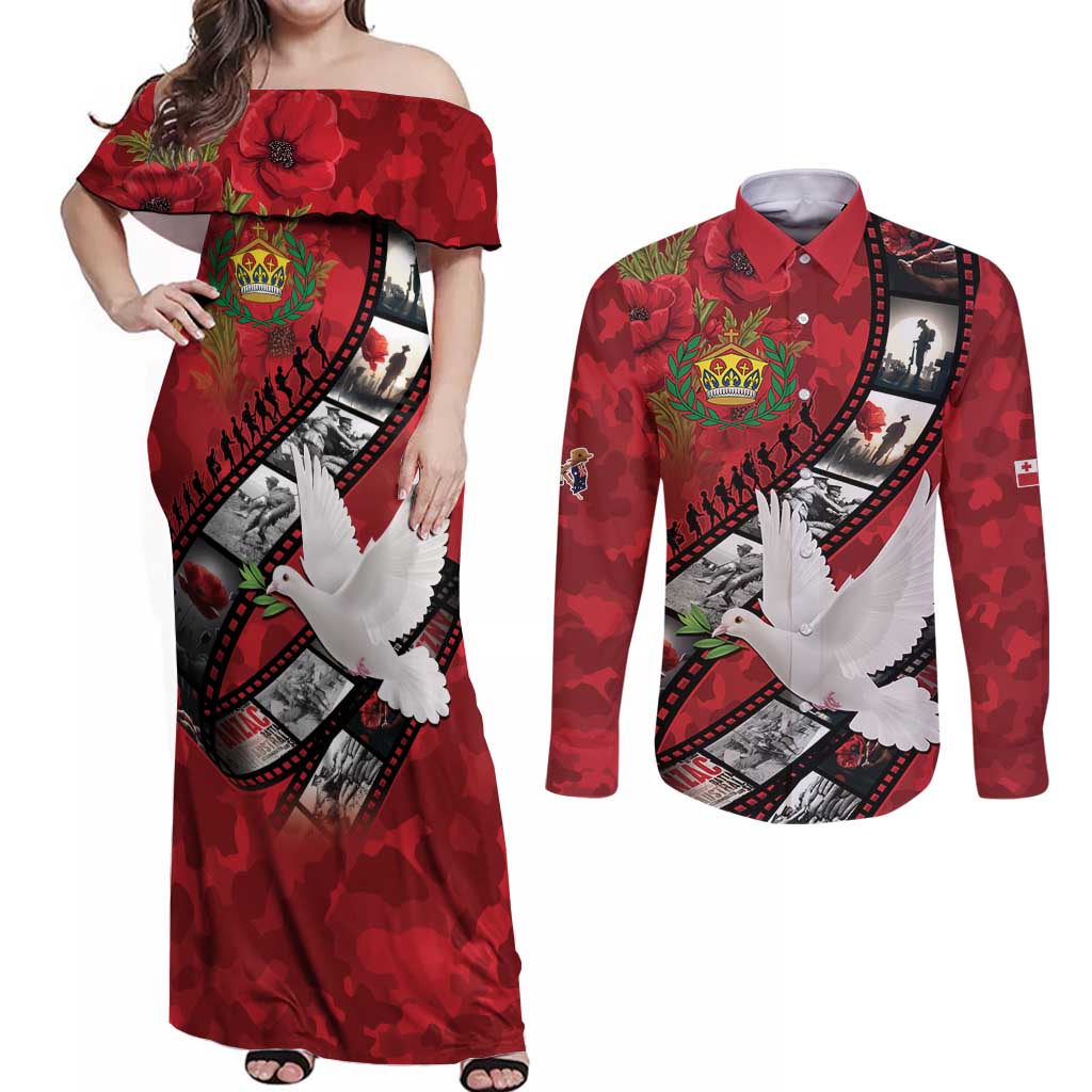 Personalised Tonga ANZAC 1915-2026 Filmstrip Couples Matching Off Shoulder Maxi Dress and Long Sleeve Button Shirt Lest We Forget 25 April