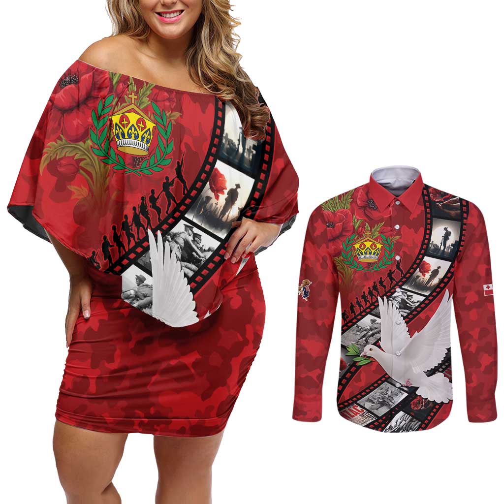 Personalised Tonga ANZAC 1915-2026 Filmstrip Couples Matching Off Shoulder Short Dress and Long Sleeve Button Shirt Lest We Forget 25 April