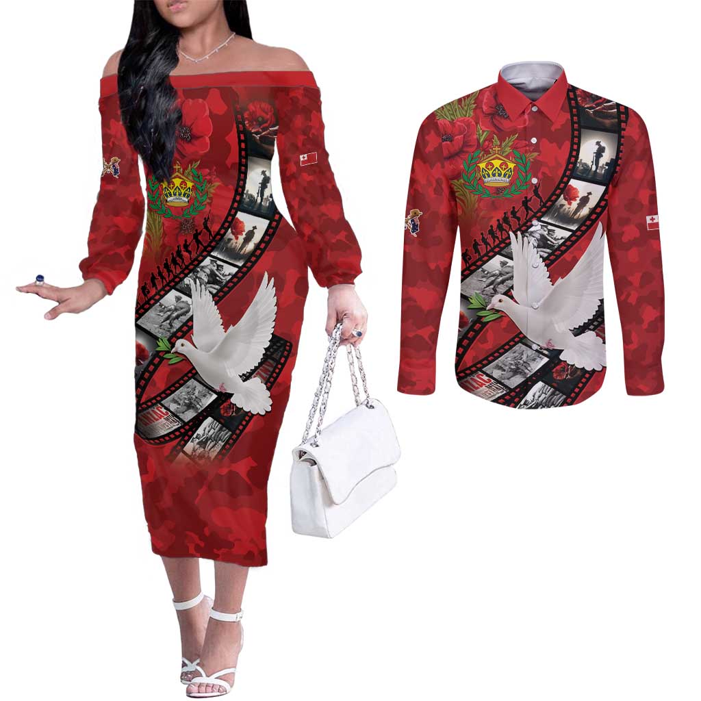 Personalised Tonga ANZAC 1915-2026 Filmstrip Couples Matching Off The Shoulder Long Sleeve Dress and Long Sleeve Button Shirt Lest We Forget 25 April