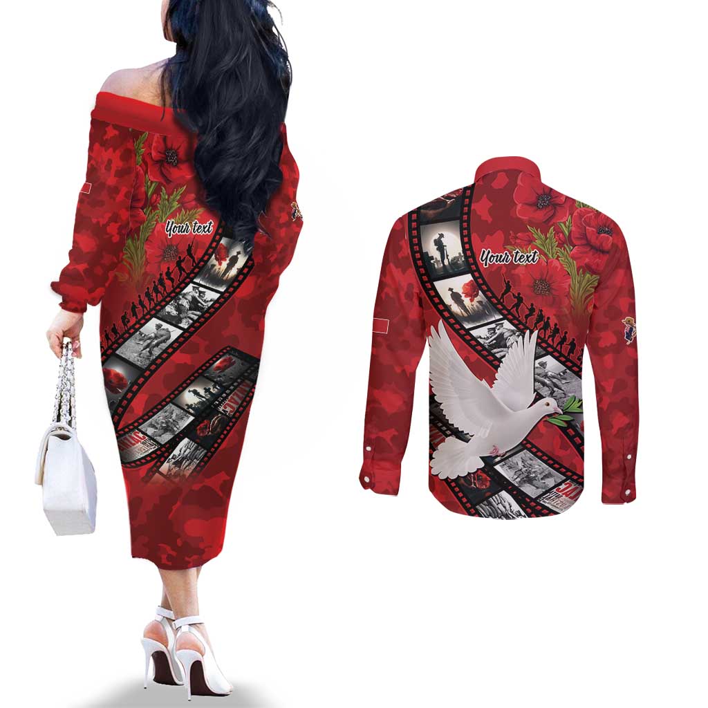Personalised Tonga ANZAC 1915-2026 Filmstrip Couples Matching Off The Shoulder Long Sleeve Dress and Long Sleeve Button Shirt Lest We Forget 25 April