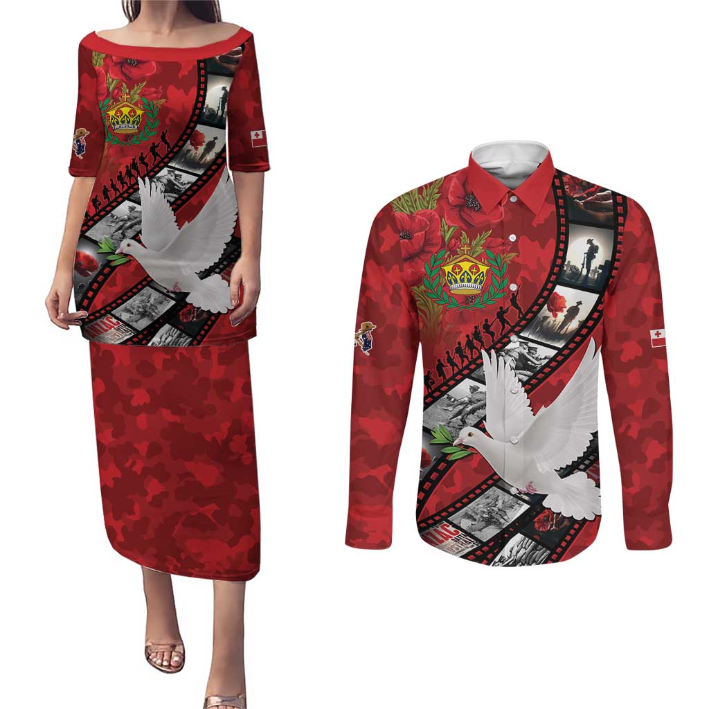 Personalised Tonga ANZAC 1915-2026 Filmstrip Couples Matching Puletasi and Long Sleeve Button Shirt Lest We Forget 25 April