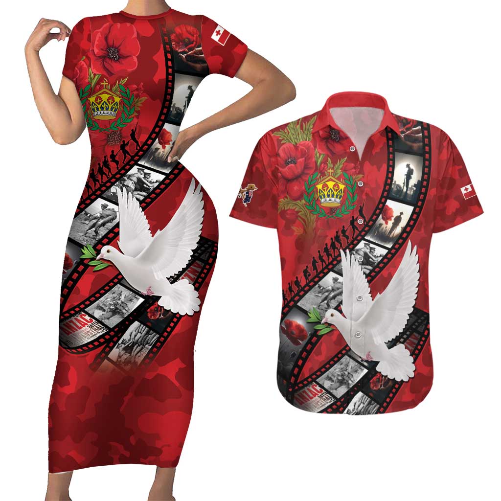 Personalised Tonga ANZAC 1915-2026 Filmstrip Couples Matching Short Sleeve Bodycon Dress and Hawaiian Shirt Lest We Forget 25 April