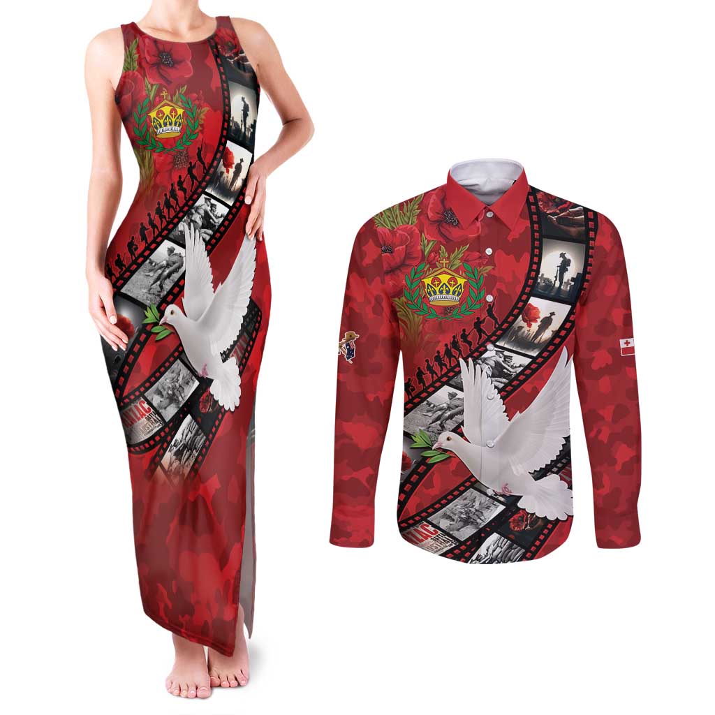 Personalised Tonga ANZAC 1915-2026 Filmstrip Couples Matching Tank Maxi Dress and Long Sleeve Button Shirt Lest We Forget 25 April