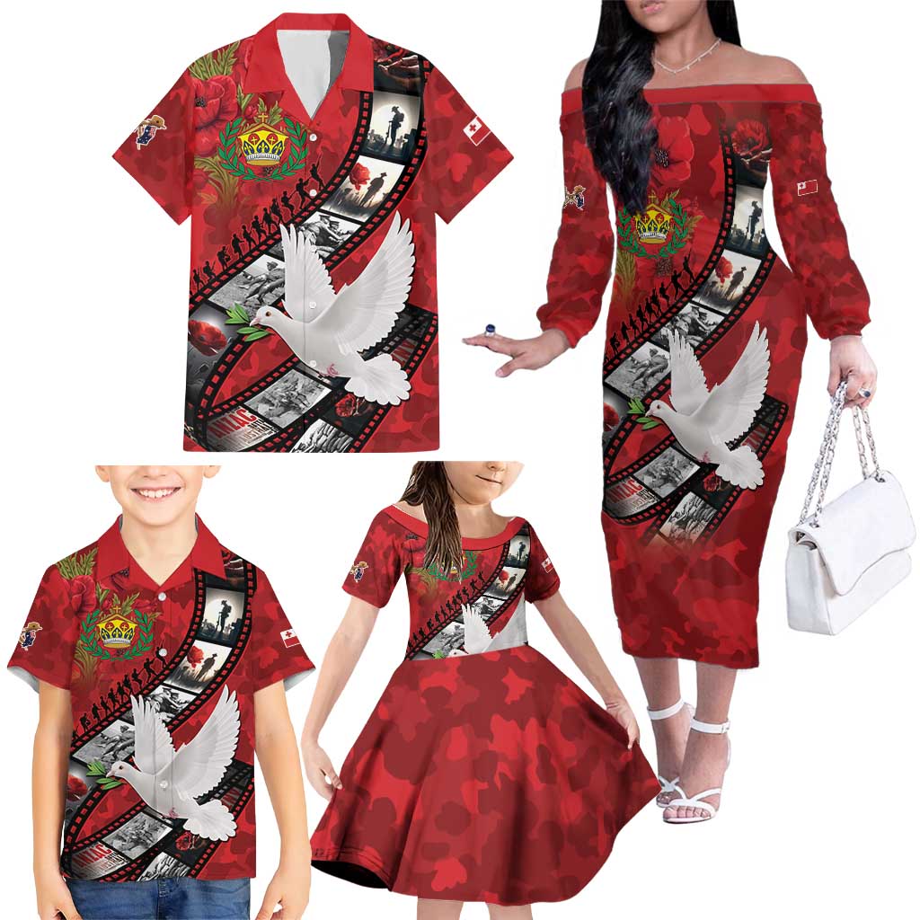 Personalised Tonga ANZAC 1915-2026 Filmstrip Family Matching Off The Shoulder Long Sleeve Dress and Hawaiian Shirt Lest We Forget 25 April