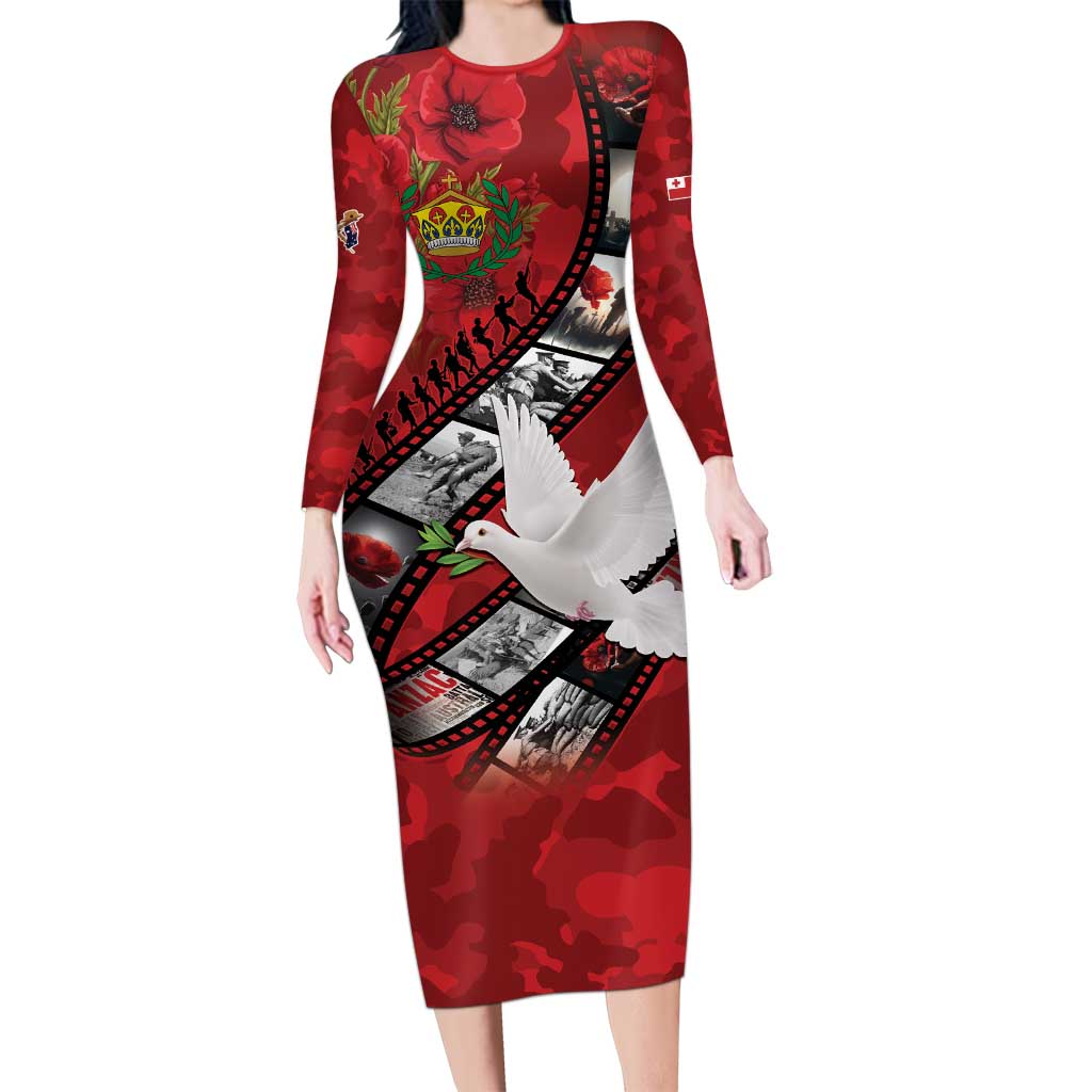 Personalised Tonga ANZAC 1915-2026 Filmstrip Long Sleeve Bodycon Dress Lest We Forget 25 April