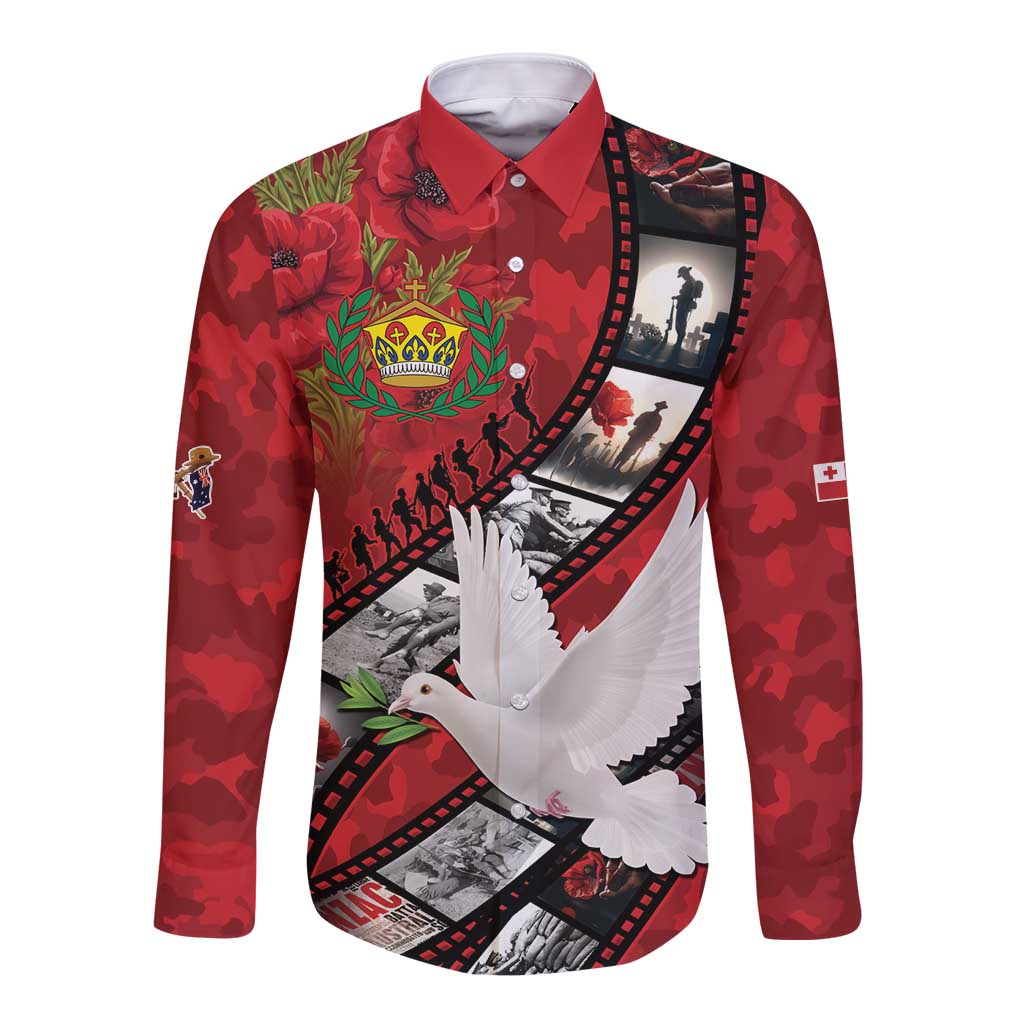 Personalised Tonga ANZAC 1915-2026 Filmstrip Long Sleeve Button Shirt Lest We Forget 25 April LT9 Unisex Red - Polynesian Pride